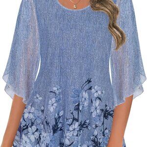 Women's Tops 3/4 Sleeve Blouses Dressy Casual Double Layers Mesh Tunic Shirts